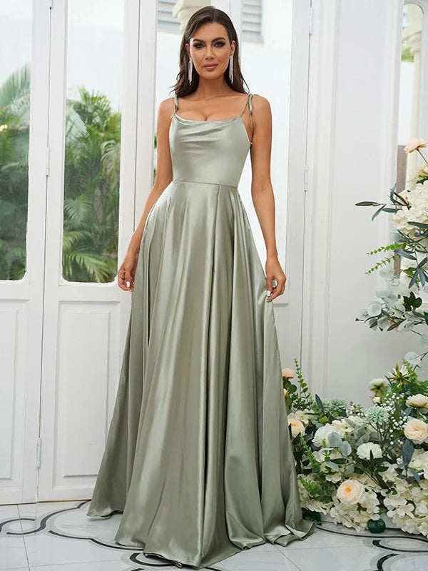 A-Line Princess Silk like Satin Ruffles Spaghetti Straps Sleeveless Bridesmaid Dresses