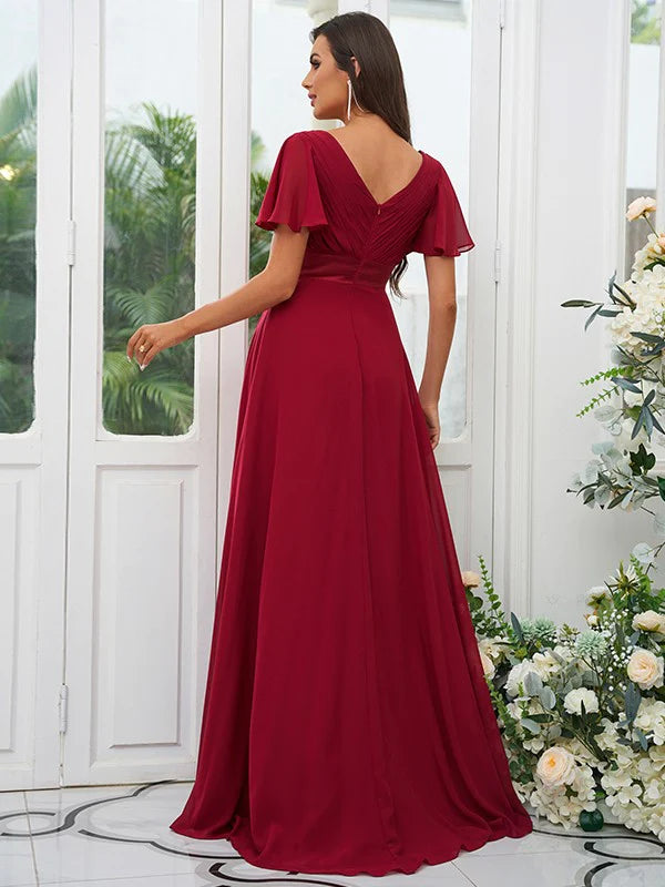 A-Line Princess Chiffon Ruched V-neck Short Sleeves Train Bridesmaid Dresses