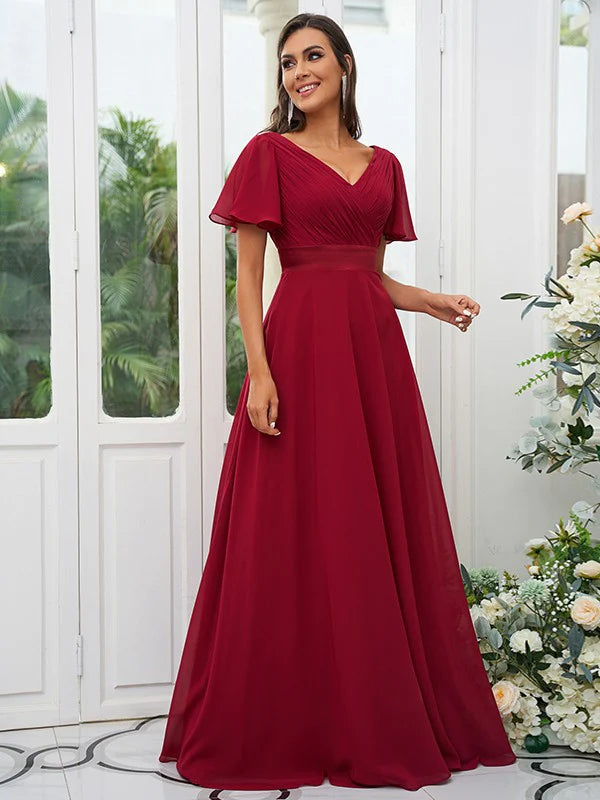 A-Line Princess Chiffon Ruched V-neck Short Sleeves Train Bridesmaid Dresses