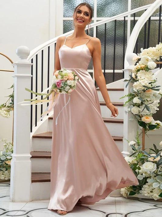 A-Line Princess Silk like Satin Ruffles V-neck Sleeveless Floor-Length Bridesmaid Dresses