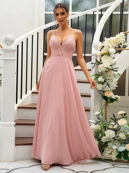 A-Line Princess Chiffon Lace V-neck Sleeveless Floor-Length Bridesmaid Dresses