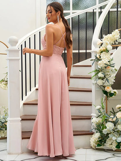 A-Line Princess Chiffon Lace V-neck Sleeveless Floor-Length Bridesmaid Dresses