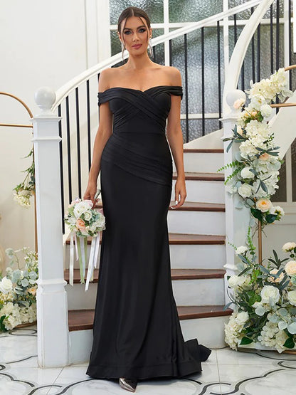 Jersey Ruched Off-the-Shoulder Sleeveless Black Bridesmaid Dresses