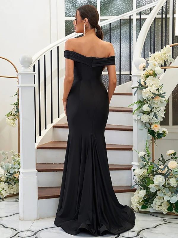 Jersey Ruched Off-the-Shoulder Sleeveless Black Bridesmaid Dresses