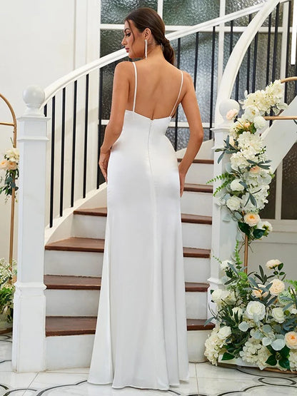 A-Line Princess Silk like Satin Ruffles Spaghetti Straps Sleeveless Floor-Length Bridesmaid Dresses