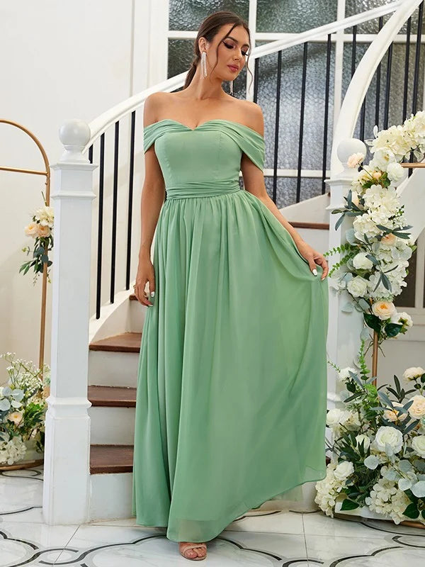 A-Line Princess Chiffon Ruffles Off-the-Shoulder Sleeveless Floor-Length Bridesmaid Dresses