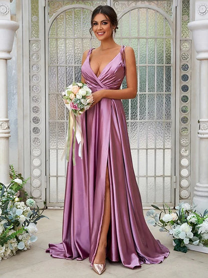 A-Line Princess Silk like Satin Ruffles V-neck Sleeveless Bridesmaid Dresses