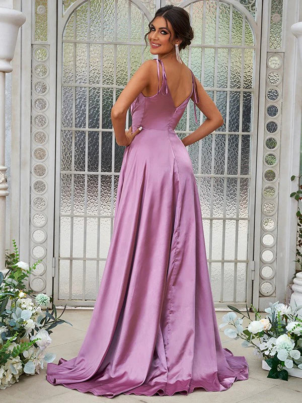 A-Line Princess Silk like Satin Ruffles V-neck Sleeveless Bridesmaid Dresses