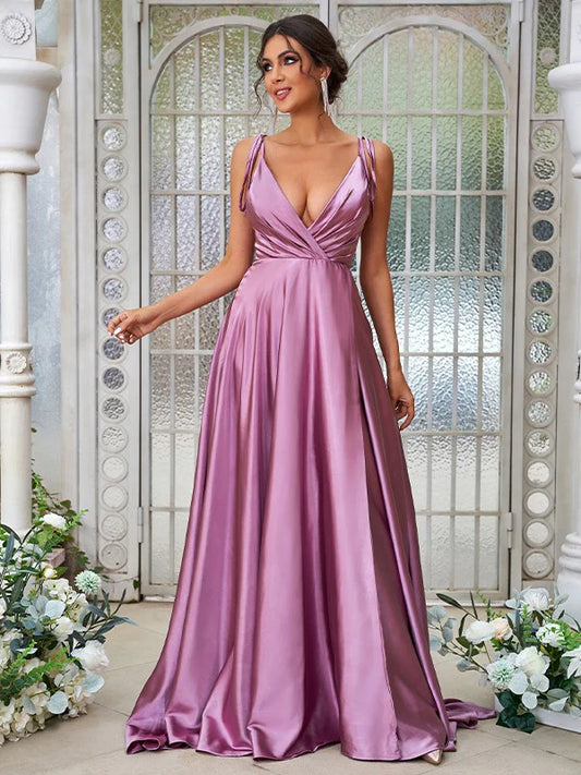 A-Line Princess Silk like Satin Ruffles V-neck Sleeveless Bridesmaid Dresses