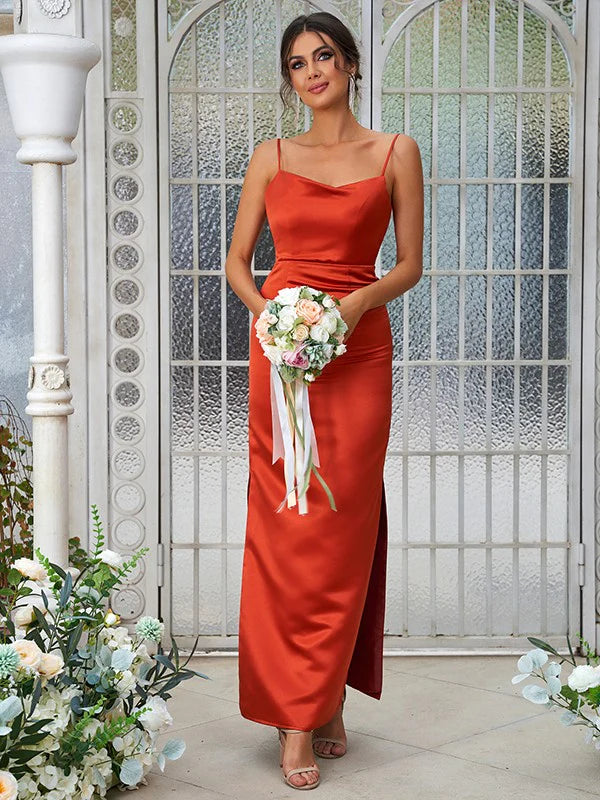 Satin Ruched Spaghetti Straps Sleeveless Ankle-Length Bridesmaid Dresses