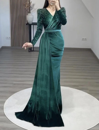 Mermaid Party Dress Evening Gown Maxi Dress Formal Black Tie Gala Floor Length Long Sleeve V Neck Fall Wedding Guest Velvet