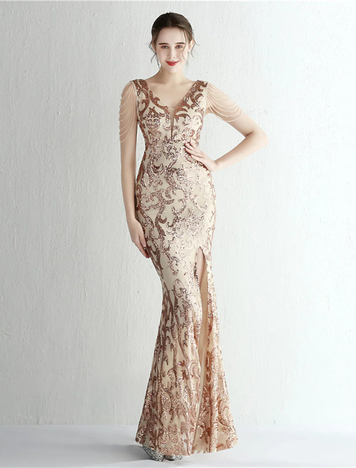 Evening Gown Sparkle & Shine Dress Formal Floor Length Short Sleeve V Neck Sequined with Sequin Slit