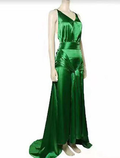 A-Line Party Dresses Vintage Dress Holiday Sweep / Brush Train Sleeveless V Neck Satin Backless with Ruched