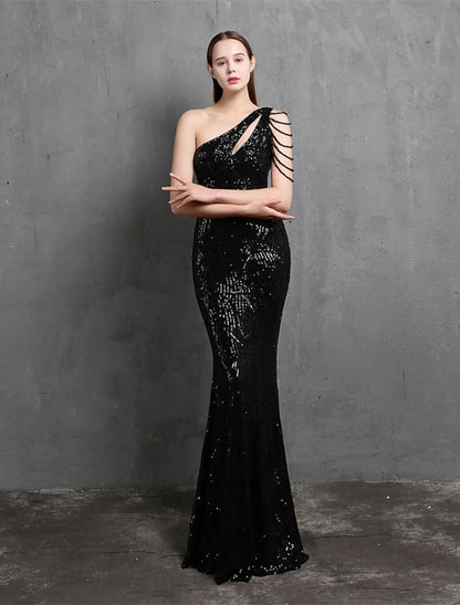 Evening Gown Sparkle & Shine Dress Formal Floor Length Short Sleeve One Shoulder Sequined with Sequin