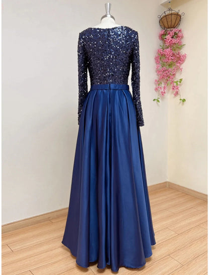 A-Line Evening Gown Elegant Dress Formal Fall Sweep / Brush Train Long Sleeve Square Neck Satin with Glitter Pleats