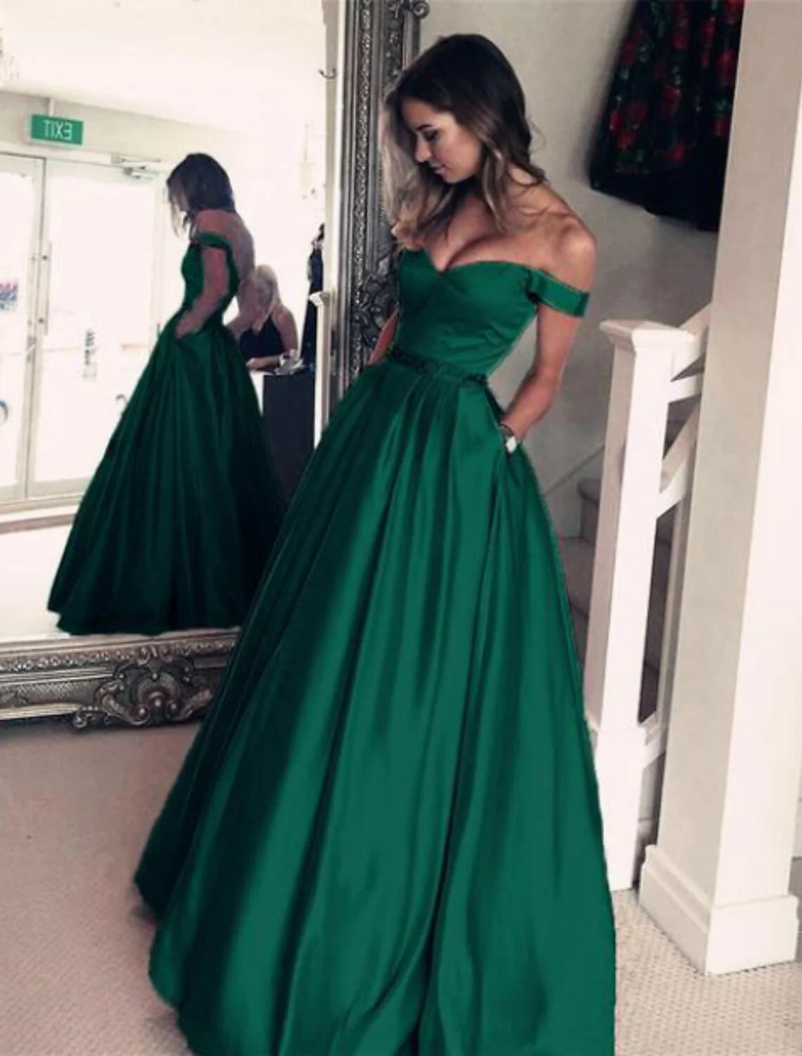 Evening Dress Off Shoulder Backless Short Sleeve Floor Length Satin with Pleats Beading