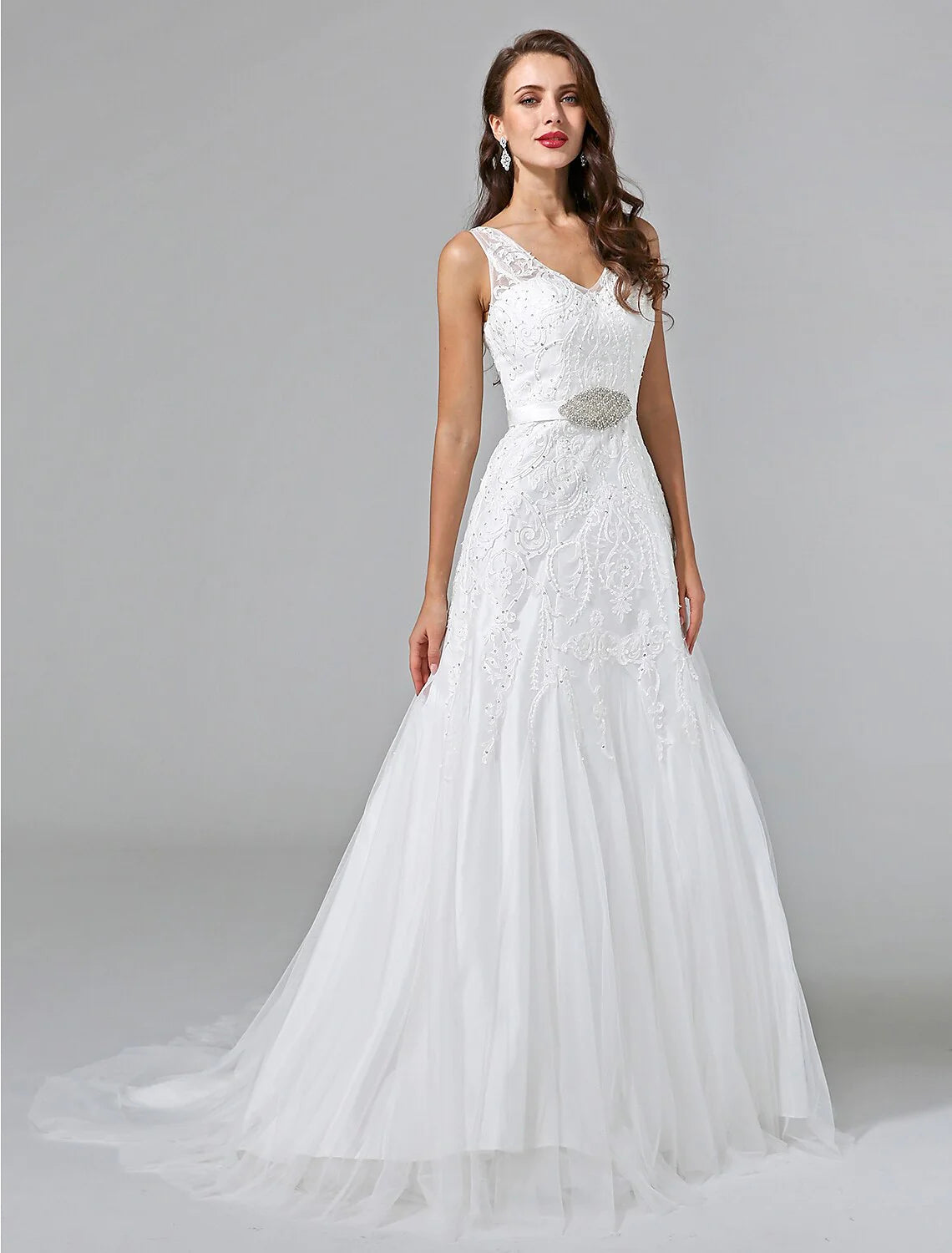 Wedding Dresses A-Line V Neck Sleeveless Court Train Lace Bridal Gowns With Sash / Ribbon Beading