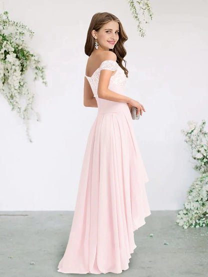 A-Line Bridesmaid Dress Off Shoulder Short Sleeve Elegant Sweep / Brush Train / Asymmetrical Chiffon / Lace