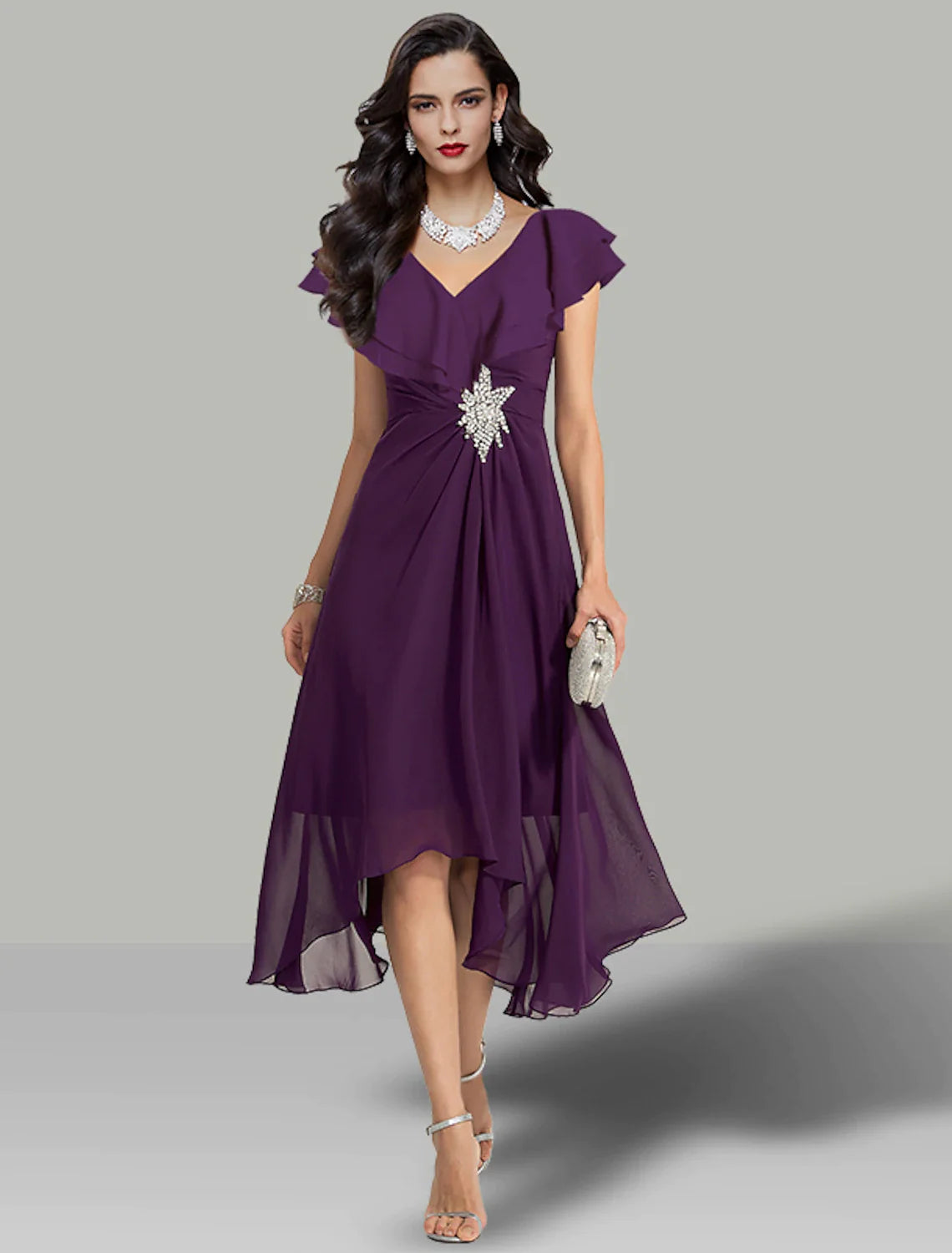 A-Line Wedding Guest Dresses Elegant Dress Cocktail Party Tea Length Short Sleeve V Neck Chiffon