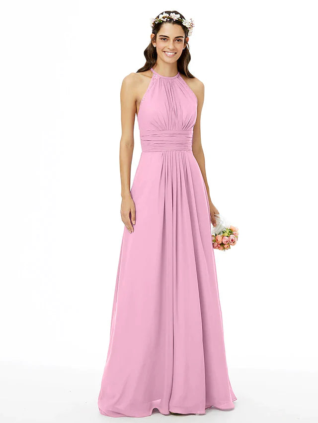 Sheath / Column Bridesmaid Dress Jewel Neck Sleeveless Beautiful Back Floor Length Chiffon