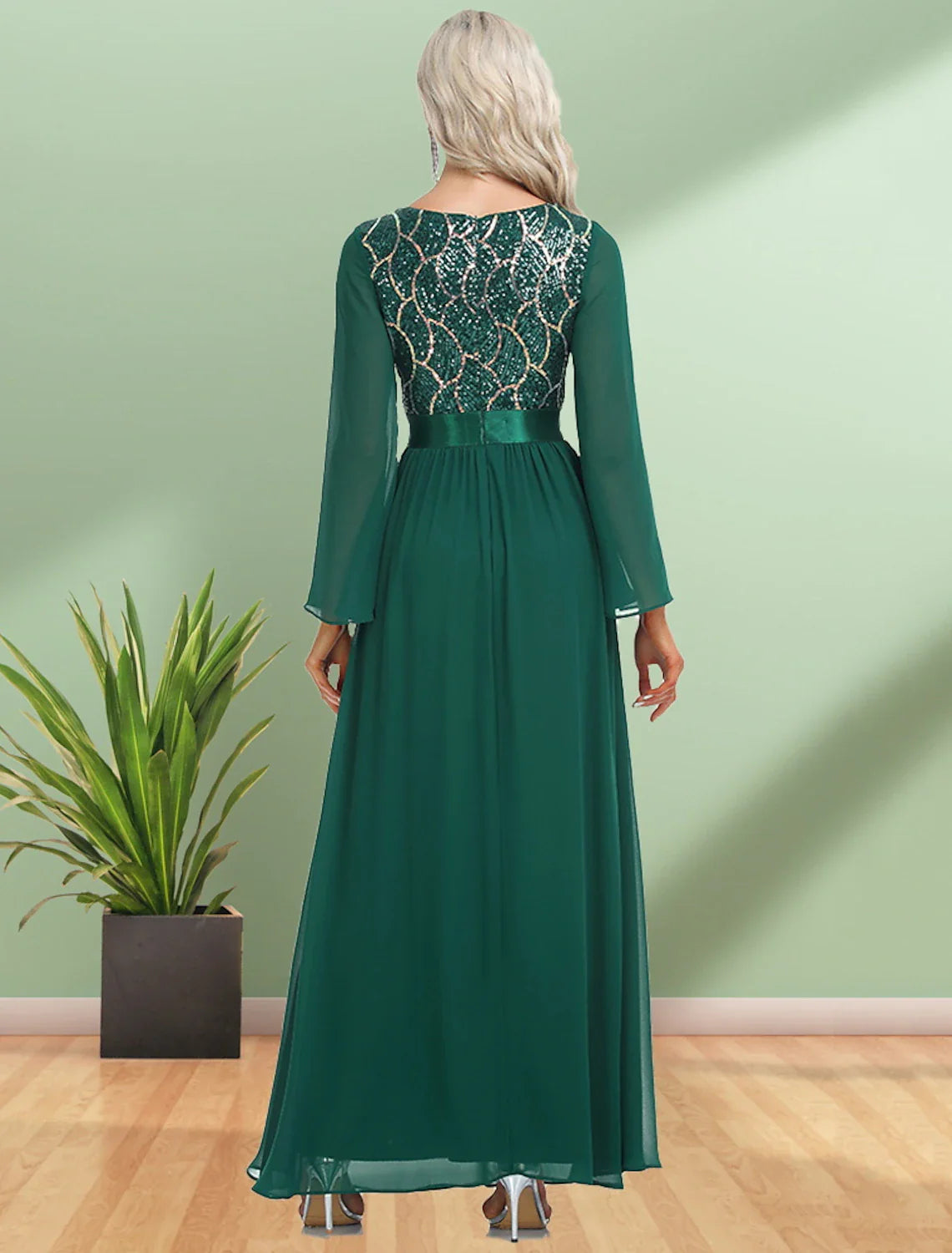 Evening Gown Elegant Dress Party Wear Floor Length Long Sleeve V Neck Chiffon with Sequin