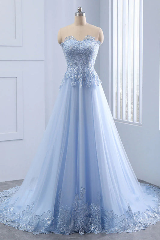 Light blue lace tulle long prom Wedding Dresses