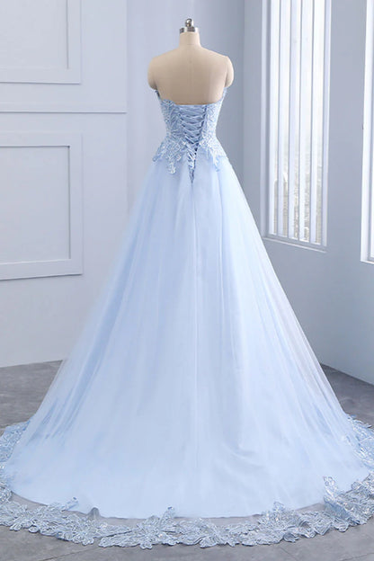 Light blue lace tulle long prom Wedding Dresses