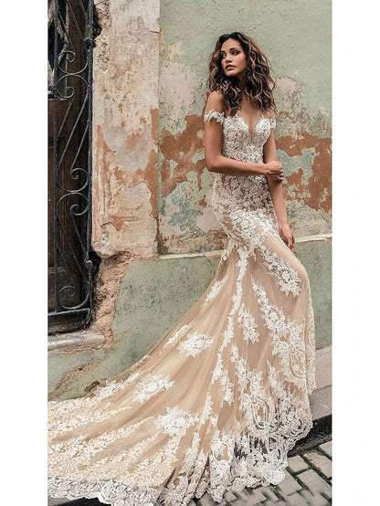 Wedding Dresses in Color Formal Wedding Dresses Court Train Mermaid / Trumpet Cap Sleeve Off Shoulder Lace With Appliques