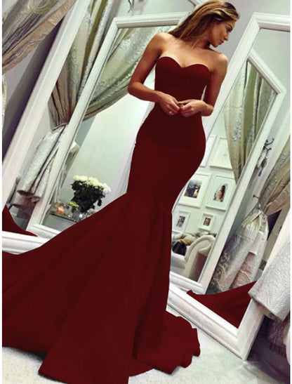 Mermaid Party Dress Minimalist Sexy Wedding Guest Formal Evening Valentine‘s Day Dress Strapless Sleeveless Court Train with Pleats