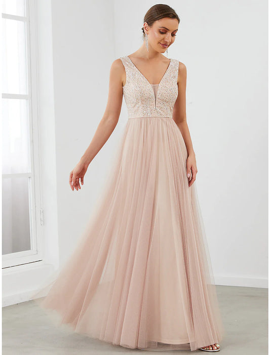 Evening Gown Elegant Dress Wedding Guest Floor Length Sleeveless V Neck Tulle V Back with Sequin Draping