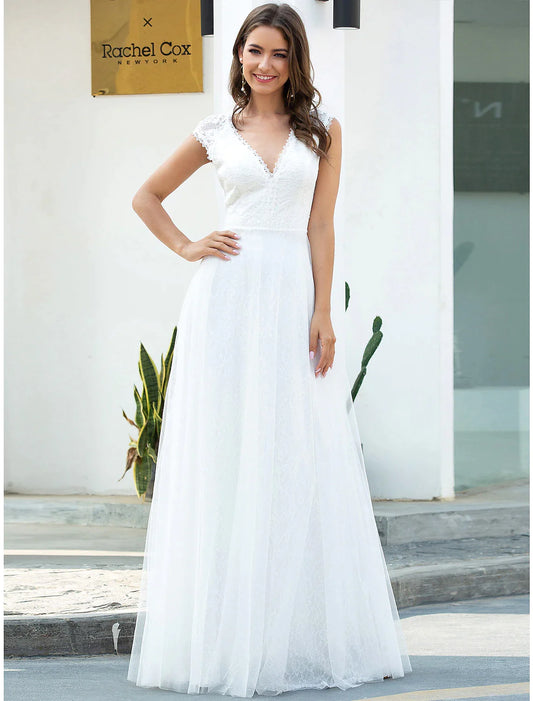 Beach Wedding Dresses Floor Length A-Line Cap Sleeve V Neck Lace With Lace