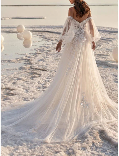 Beach Formal Wedding Dresses A-Line Off Shoulder Long Sleeve Court Train Lace Bridal Gowns