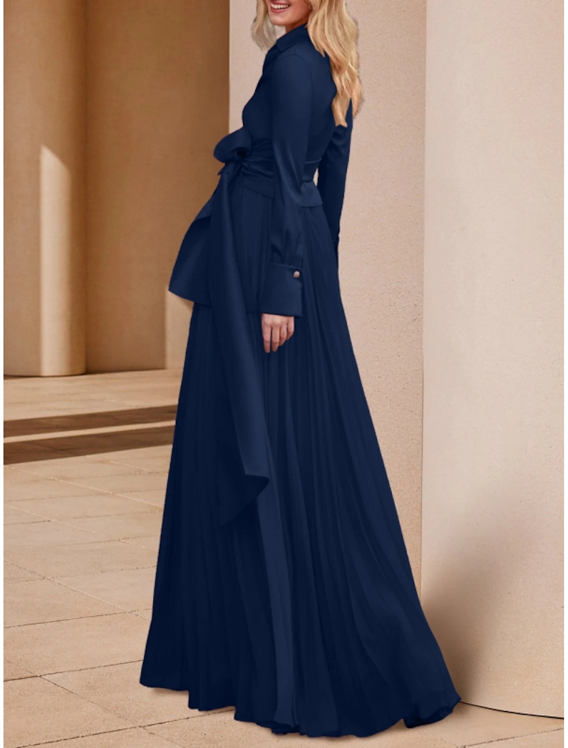 A-Line Mother of the Bride Dress Wedding Guest Elegant V Neck Floor Length Stretch Chiffon Long Sleeve