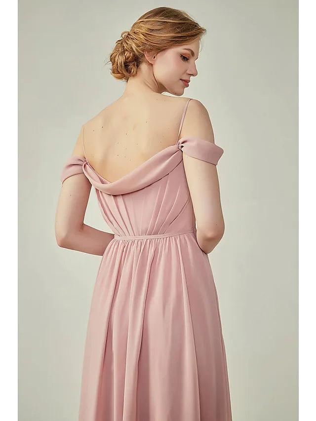 A-Line Bridesmaid Dress Spaghetti Strap Short Sleeve Furcal Floor Length Chiffon with Sash Ribbon Ruching