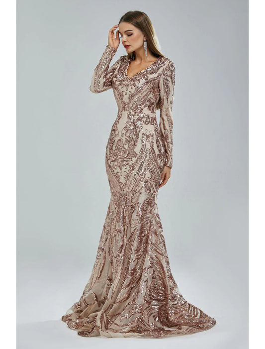 Mermaid / Trumpet Evening Gown Sparkle & Shine Dress Formal Court Train Long Sleeve V Neck African American Lace