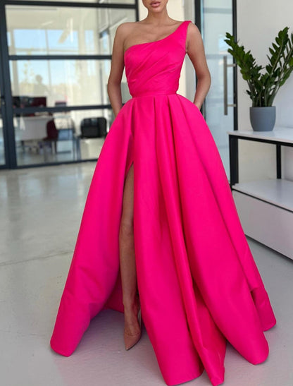 A-Line Evening Dresses Party Dress Formal Wedding Guest Sweep / Brush Train Sleeveless One Shoulder Satin