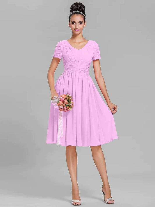 Bridesmaid Dress Short Sleeve Vintage Inspired Knee Length Chiffon