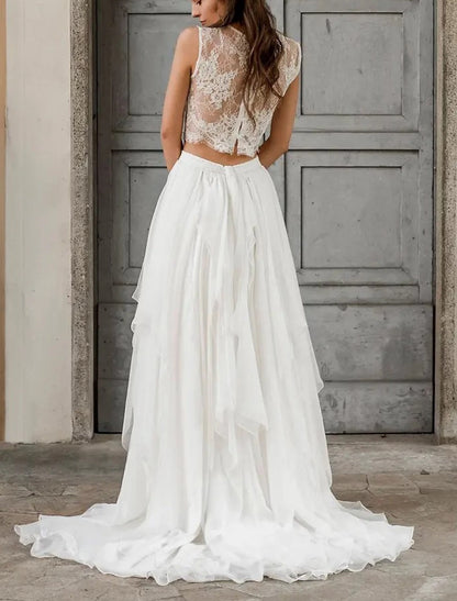 Boho Wedding Dresses Two Piece Scoop Neck Sleeveless Court Train Chiffon Bridal Suits Bridal Gowns