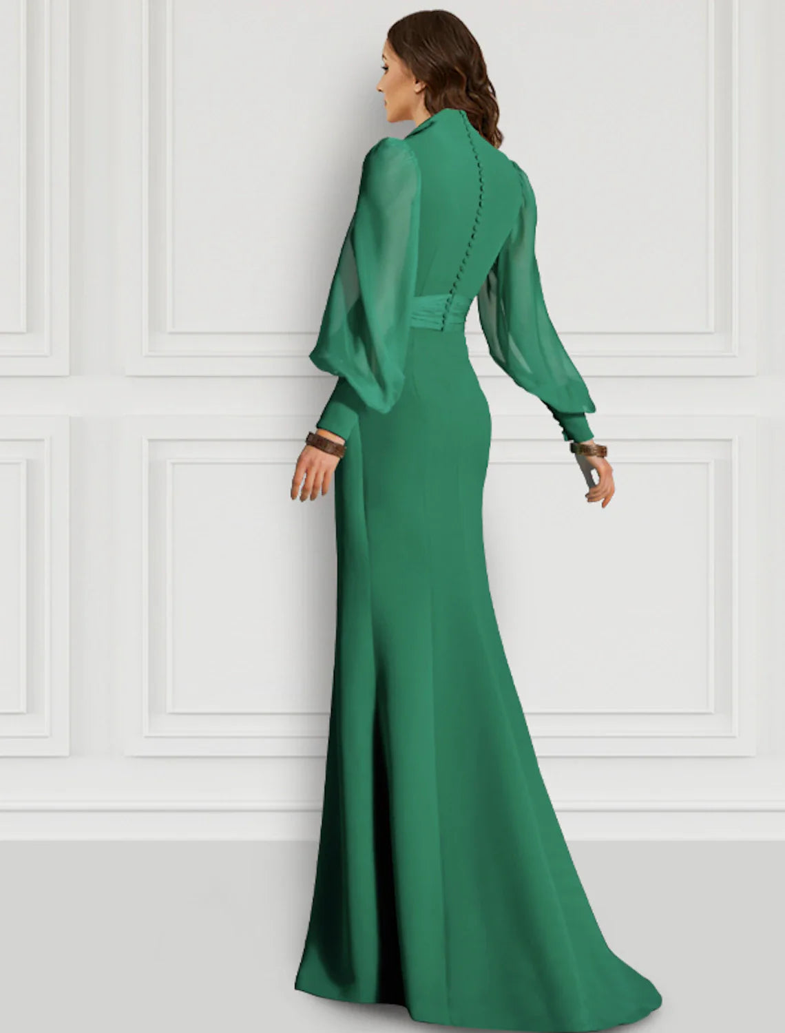 Evening Gown Sage Mother Elegant Dress Formal Sweep / Brush Train Long Sleeve V Neck Chiffon with Slit Strappy