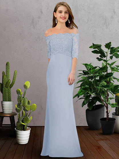 A-Line Bridesmaid Dress Off Shoulder Half Sleeve Elegant Floor Length Chiffon Lace