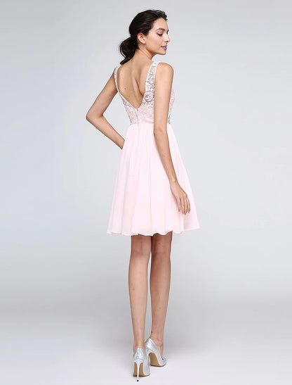 A-Line Special Occasion Dresses Party Dress Homecoming Graduation Short / Mini Sleeveless Illusion Neck Pink Dress Chiffon V Back Low Back with Crystals