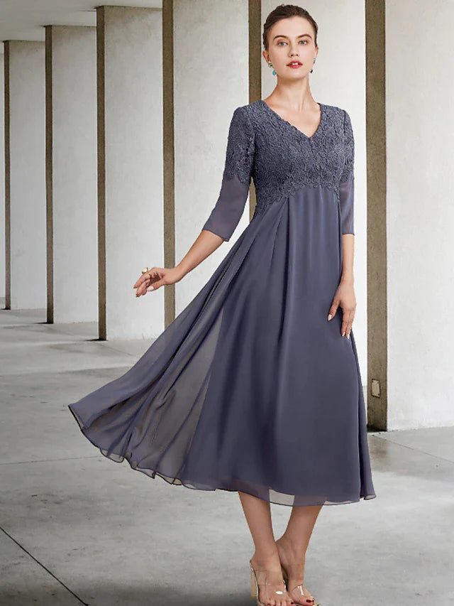 A-Line Mother of the Bride Dress Plus Size Elegant V Neck Tea Length Chiffon Lace 3/4 Length Sleeve with Ruffles Appliques