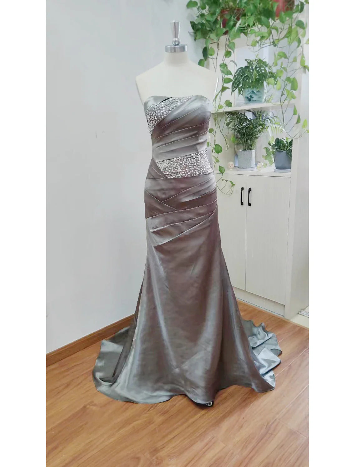 Evening Dress Strapless Sleeveless Sweep / Brush Train Satin with Crystals