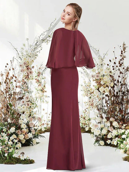 Evening Dress Jewel Neck Half Sleeve Floor Length Chiffon with Sash / Ribbon