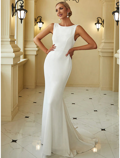 Reception Casual Wedding Dresses Mermaid / Trumpet Scoop Neck Sleeveless Sweep / Brush Train Bridal Gowns With Beading Solid Color