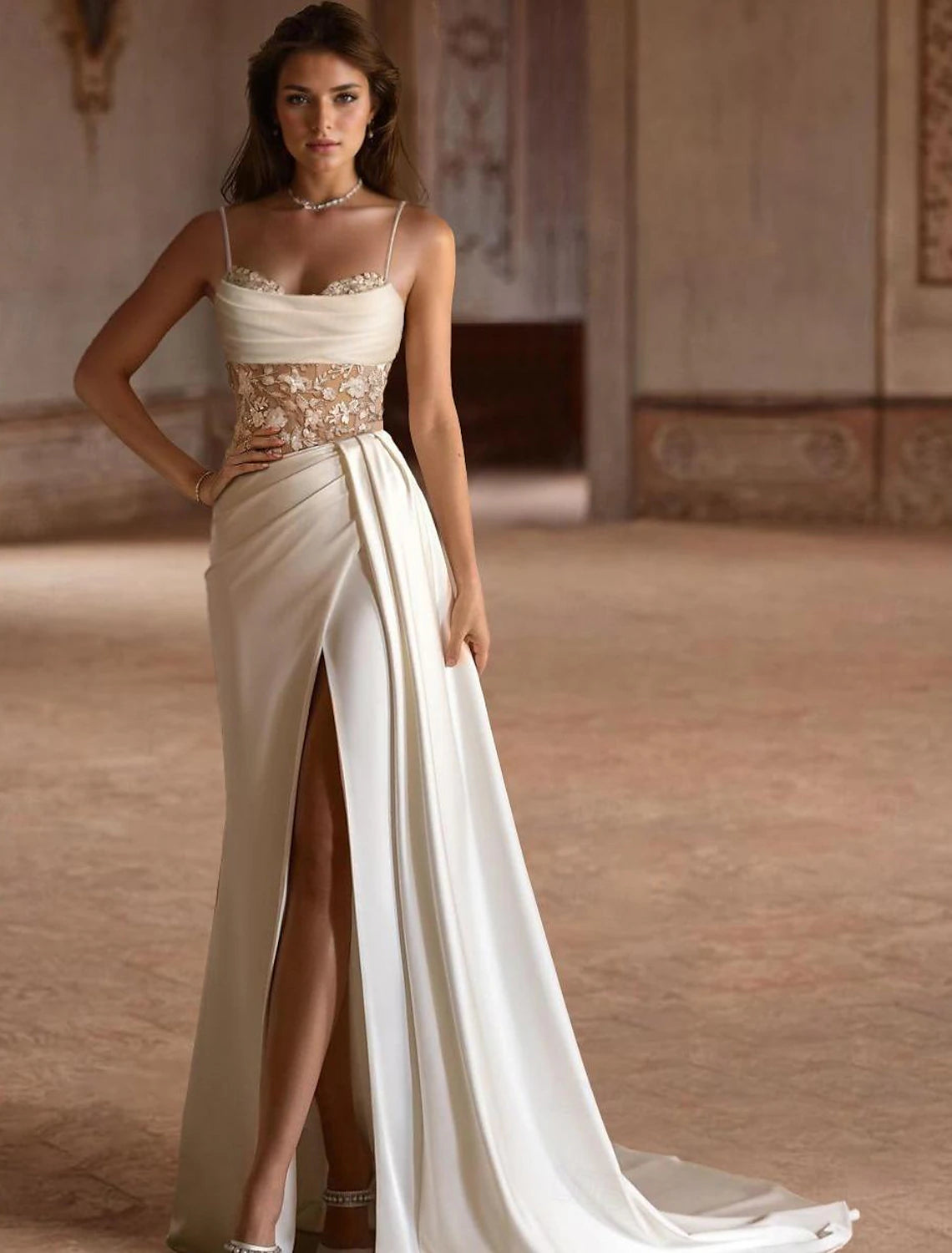 Beach Formal Boho Wedding Dresses A-Line Scoop Neck Spaghetti Strap Sweep / Brush Train Satin Bridal Gowns