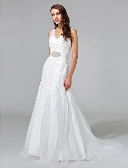 Wedding Dresses A-Line V Neck Sleeveless Court Train Lace Bridal Gowns With Sash / Ribbon Beading