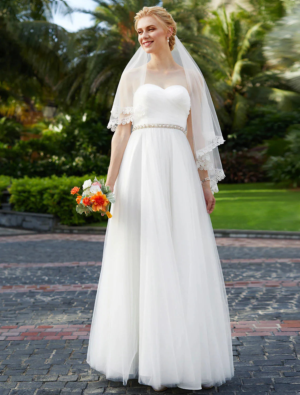 Reception Wedding Dresses Princess Sweetheart Strapless Floor Length Chiffon Bridal Gowns With Sashes / Ribbons Beading