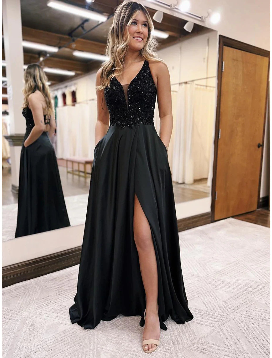 A-Line Evening Gown Empire Dress Formal Prom Floor Length Sleeveless V Neck Pocket Satin Backless with Beading Appliques