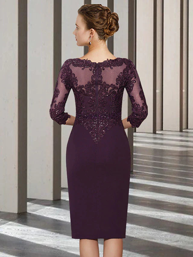 Two Piece A-Line Mother of the Bride Dress Church Elegant Jewel Neck Knee Length Chiffon Lace 3/4 Length Sleeve Jacket Dresses with Beading Appliques